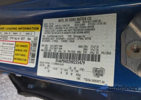 2017 Ford Fusion Se z USA, uszkodzony, nr VIN 3FA6P0HD2HR235479